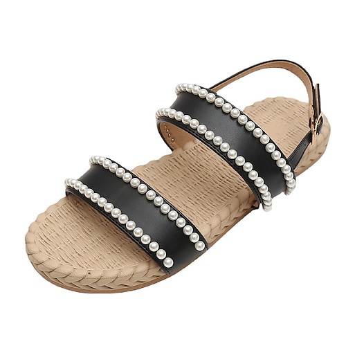 

Women's Sandals Flat Sandals Pearl Flat Heel Open Toe Elegant Sweet Daily Office Faux Leather Buckle Spring Summer Solid Colored Black