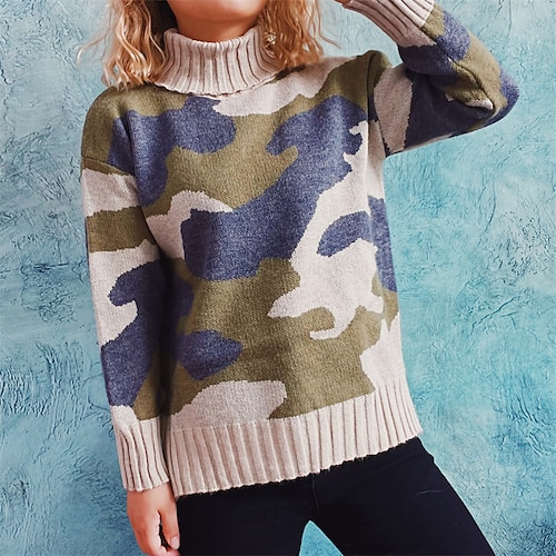 

Women's Pullover Sweater jumper Jumper Ribbed Knit Knitted Camouflage Turtleneck Stylish Casual Outdoor Daily Winter Fall Blue Army Green S M L / Long Sleeve / Regular Fit / Going out