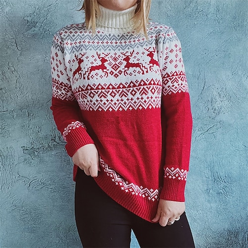 

Women's Ugly Christmas Sweater Pullover Sweater Jumper Crochet Knit Knitted Geometric Turtleneck Stylish Casual Christmas Holiday Winter Fall Red Navy Blue S M L / Long Sleeve / Striped / Striped