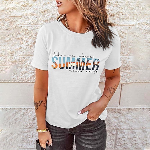 

Women's T shirt Tee Text Casual Weekend Holiday Painting T shirt Tee Short Sleeve Print Round Neck Basic Essential White Pink S