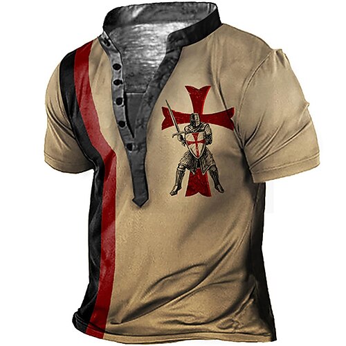 

Men's Henley Shirt T shirt Tee Tee Graphic Templar Cross Soldier Stand Collar Brown 3D Print Plus Size Outdoor Daily Short Sleeve Button-Down Print Clothing Apparel Basic Designer Casual Big and Tall