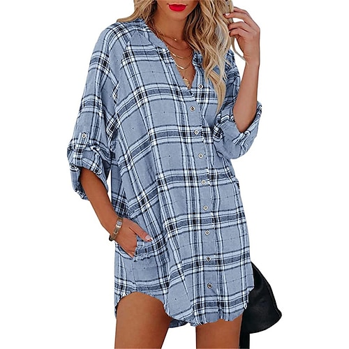 

Women's Casual Dress Shirt Dress Shift Dress Wine Light Blue Gray Long Sleeve Plaid Button Winter Fall Spring V Neck Mature Winter Dress Weekend Fall Dress Loose Fit 2022 S M L XL XXL 3XL