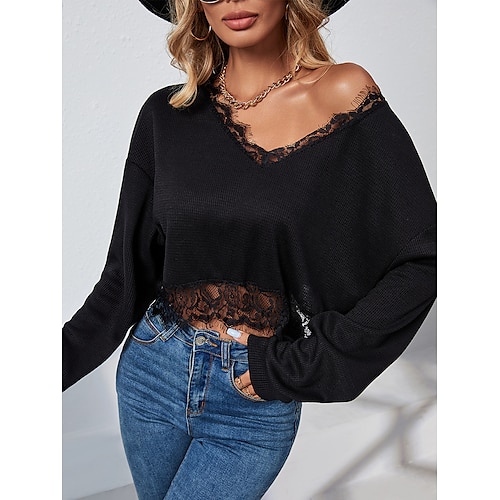 

Women's Shirt Plain Daily Weekend Shirt Long Sleeve Lace Patchwork V Neck Casual Streetwear Black S