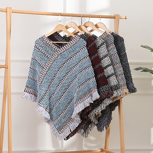 

5 Colors Women Striped Triangle Long Pullover V Neck Loose Sweater Autumn Outer Street Warm Cloak Knitted Tassel Whick Poncho Coat