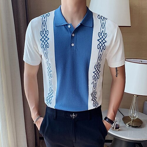 

Men's Collar Polo Shirt Golf Shirt Vintage Turndown Blue / White Street Daily Short Sleeve Button-Down Clothing Apparel Fashion Casual Breathable Comfortable / Beach