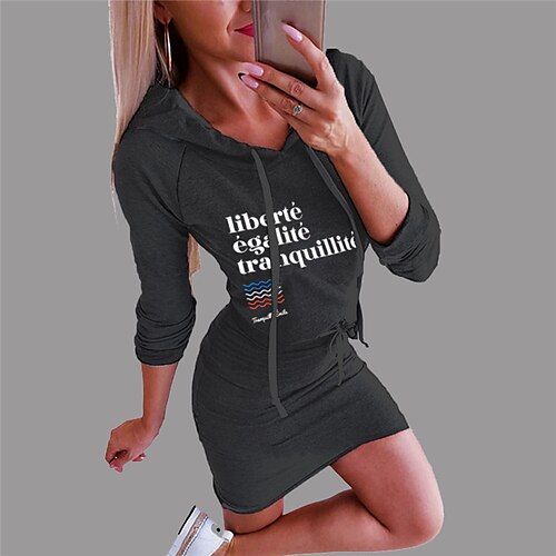 

Women's Bodycon Short Mini Dress Dark Gray Long Sleeve Letter Print Fall Spring Hooded Fashion 2022 S M L XL XXL 3XL