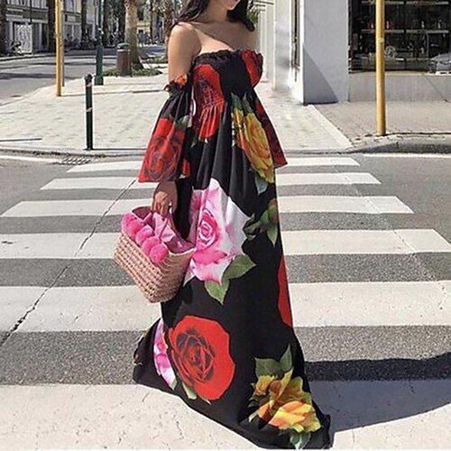 

Women's A Line Dress Maxi long Dress White Black Long Sleeve Floral Backless Cold Shoulder Print Fall Winter Off Shoulder Vacation Boho Slim 2022 S M L XL XXL