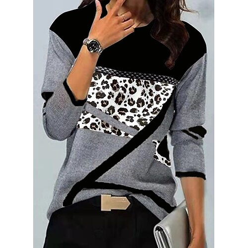 

Women's T shirt Tee Black White Red Leopard Color Block Print Long Sleeve Casual Weekend Basic Round Neck Regular Painting S