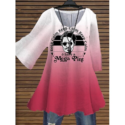 

Women's Plus Size Tops Blouse Shirt Portrait Letter Print 3/4 Length Sleeve Crewneck Streetwear Daily Holiday Cotton Spandex Jersey Fall Spring White Pink