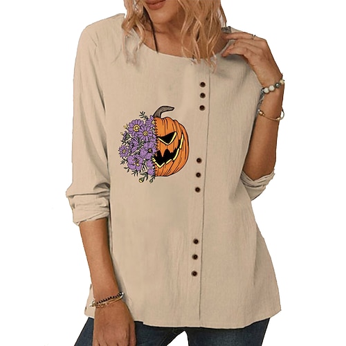 

Women's T shirt Tee Pumpkin Daily T shirt Tee Long Sleeve Print Round Neck Basic Essential Loose Blue Khaki Navy Blue S