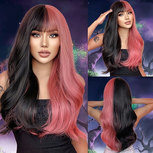 

HAIRCUBE Hair Half Black Half Rose Long Natural Wavy Wigs With Bangs for Women Daily