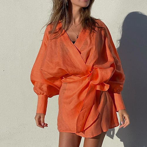 

Mujer Vestido informal Vestido de Camisa Azul Piscina Naranja Manga Larga Color puro Acordonado Invierno Otoño Escote en Pico Moderno Vestido de invierno Fin de semana vestido de otoño 2022 S M L