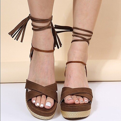 

Femme Sandales Sandales à lacets Sandales à lanières Sandales Compensées Chaussures à pampille du quotidien Eté Gland Hauteur de semelle compensée Bout ouvert Casual Cuir PU Lacet Couleur Pleine Brun