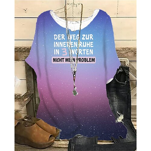 

Women's Plus Size Tops Blouse Shirt Color Gradient Letter Print Short Sleeve Crewneck Streetwear Daily Vacation Polyester Spring Summer Purple