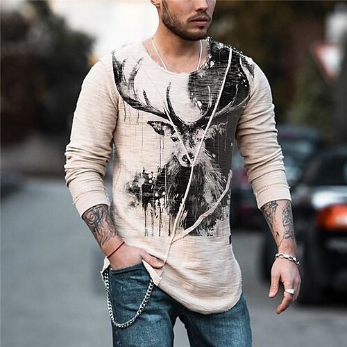 

Men's Unisex T shirt Tee 3D Print Graphic Prints Deer Crew Neck Daily Holiday Print Long Sleeve Tops Designer Lightweight Casual Classic Beige