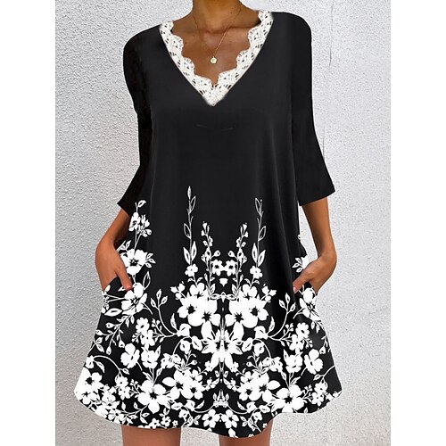 

Women's A Line Dress Short Mini Dress Black 3/4 Length Sleeve Print Print Spring Summer V Neck Casual Fashion Modern 2022 S M L XL XXL 3XL