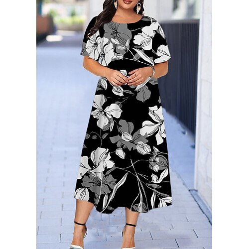 

Women's Plus Size Holiday Dress Floral Crew Neck Print Short Sleeve Spring Summer Casual Maxi long Dress Causal Daily Dress / Graphic / 3D Print