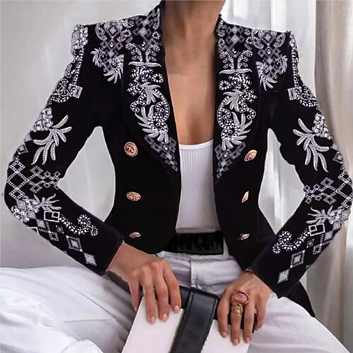 

Women's Blazer Regular Pocket Print Coat Black Casual Street Spring Double Breasted Turndown Regular Fit S M L XL XXL 3XL