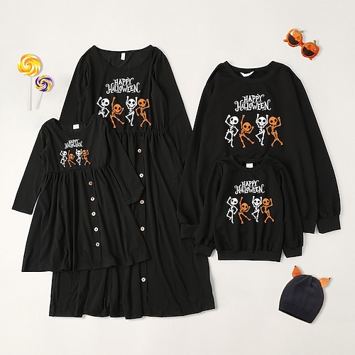 

Family Look Halloween Family Sets Skull Letter Daily Ruched Black Long Sleeve Midi Adorable Matching Outfits / Fall / Spring / Print