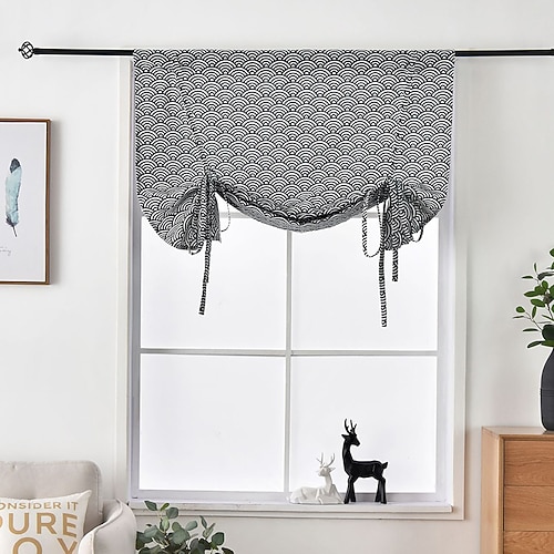 

1 Panel Tie Up Semi Blackout Curtain Adjustable Tie Up Curtain Valance Rod Pocket for Kitchen Windows