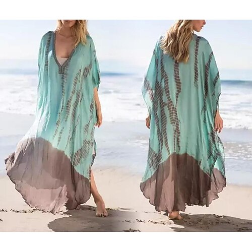 

Women's Swing Dress Maxi long Dress Blue coffee color smudge 3/4 Length Sleeve Print Split Fall Summer Deep V Casual Vacation 2022 One-Size