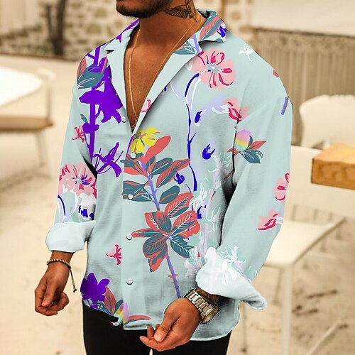 

Men's Shirt 3D Print Floral Turndown Casual Daily Button-Down Print Long Sleeve Tops Designer Casual Fashion Comfortable Green Gray Light Green / Sports