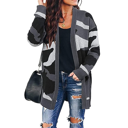 

Women's Cardigan Jumper Knit Knitted Camouflage Open Front Stylish Casual Daily Holiday Fall Winter Light gray Dark Gray S M L / Long Sleeve / Regular Fit / Going out