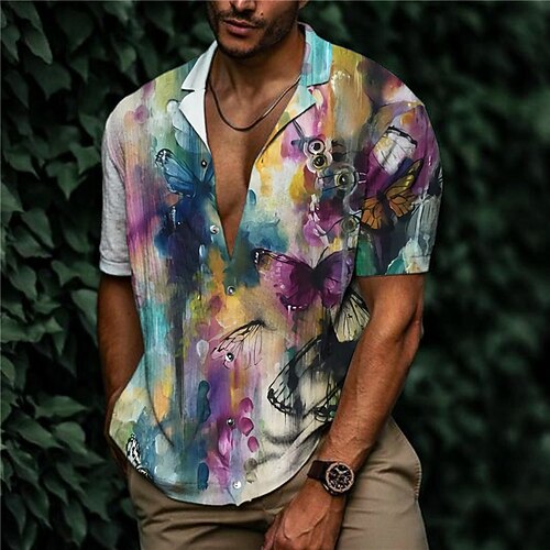 

Men's Shirt Graphic Shirt Animal Butterfly Gradient Turndown Rainbow 3D Print Outdoor Street Short Sleeve Button-Down Print Clothing Apparel Fashion Designer Casual Breathable / Summer / Spring