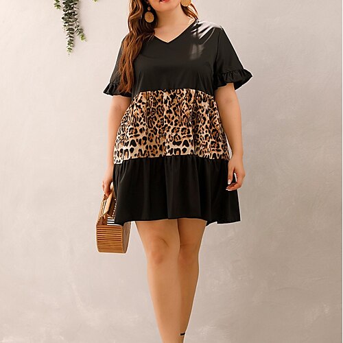 

Women's Shift Dress Short Mini Dress Black Short Sleeve Leopard Ruffle Patchwork Summer V Neck Casual Fashion 2022 XL XXL 2XL 3XL 4XL