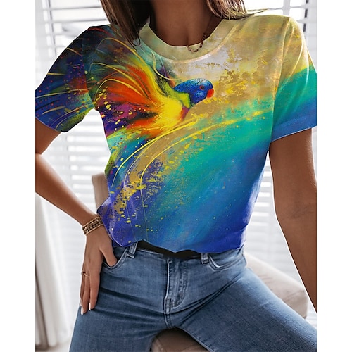 

Women's T shirt Tee Green Bird Print Short Sleeve Casual Weekend Basic Round Neck Regular Painting S