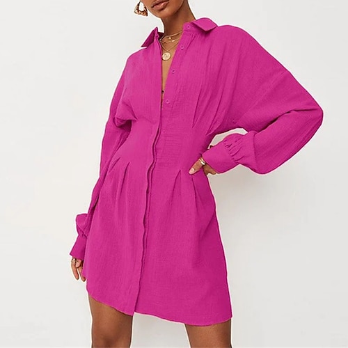 

Women's A Line Dress Short Mini Dress Fuchsia Long Sleeve Solid Color Ruched Button Spring Summer Shirt Collar Stylish Casual 2022 S M L