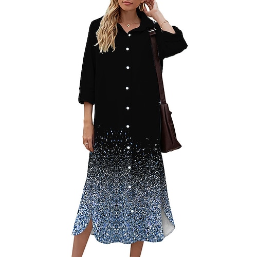 

Women's Shift Dress Midi Dress Green Blue Purple Pink Gold 3/4 Length Sleeve Color Gradient Button Print Fall Spring Shirt Collar Casual Fashion 2022 S M L XL XXL 3XL