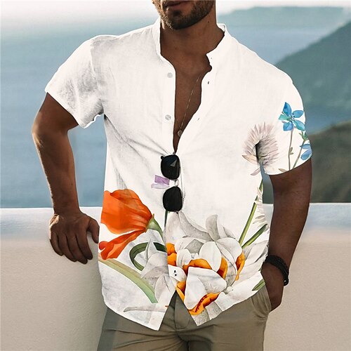 

Men's Shirt Graphic Shirt Floral Stand Collar White 3D Print Outdoor Casual Short Sleeve Button-Down Print Clothing Apparel Fashion Designer Casual Comfortable / Sports