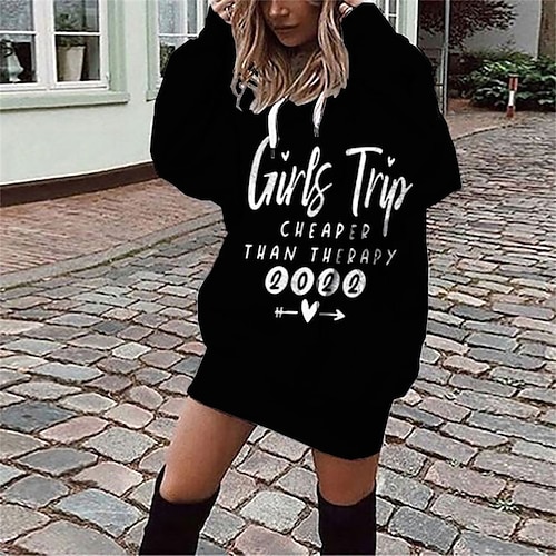 

Women's Shift Dress Short Mini Dress Black Long Sleeve Letter Pocket Print Fall Spring Hooded Casual 2022 S M L XL XXL 3XL