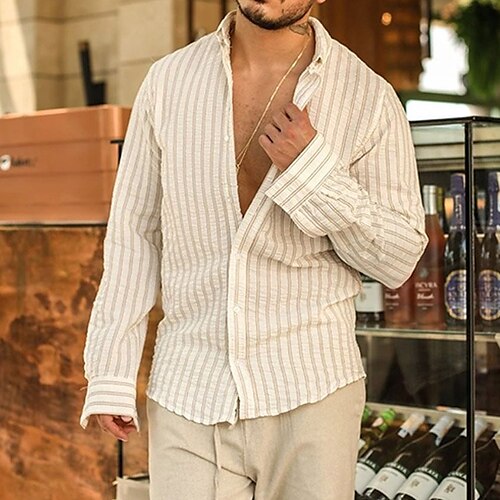 

Men's Shirt Striped Turndown Street Daily Button-Down Long Sleeve Tops Designer Casual Fashion Comfortable White
