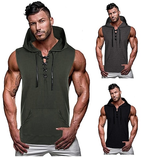 

Men's Tank Top Vest Top Undershirt Sleeveless Shirt Plain Hooded Outdoor Street Sleeveless Lace up Clothing Apparel Fashion Lightweight Breathable Comfortable