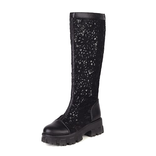 

Women's Boots Sandals Boots Summer Boots Knee High Boots Lace Chunky Heel Round Toe Elegant Party Daily Lace PU Leather Zipper Fall Summer Solid Colored White Black
