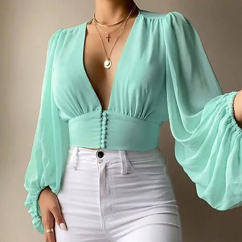 

Mujer Camisa Top corto Blusa Verde Trébol Plano Manga Larga Oficina Trabajo Ropa de calle Casual Escote en Pico Cultivo Manga de la linterna S