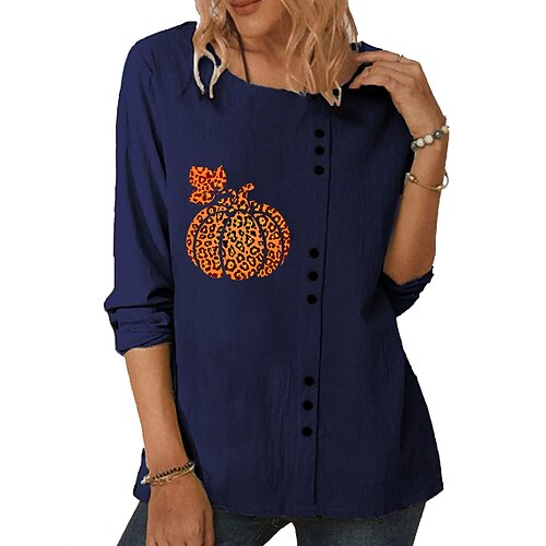

Women's T shirt Tee Pumpkin Halloween Daily T shirt Tee Long Sleeve Print Round Neck Basic Essential Loose Blue Khaki Navy Blue S