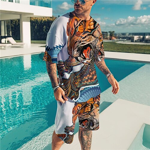 

Men's T-shirt Suits Tennis Shirt Graphic Animal Crew Neck Black / Gray Blue Royal Blue Orange Black 3D Print Street Daily Short Sleeve Print Clothing Apparel 2pcs Basic Fashion Lightweight Casual