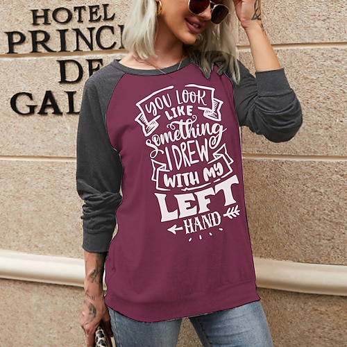 

Women's T shirt Tee Color Block Text Casual Weekend Funny Painting T shirt Tee Long Sleeve Print Round Neck Basic Essential Green White Blue S