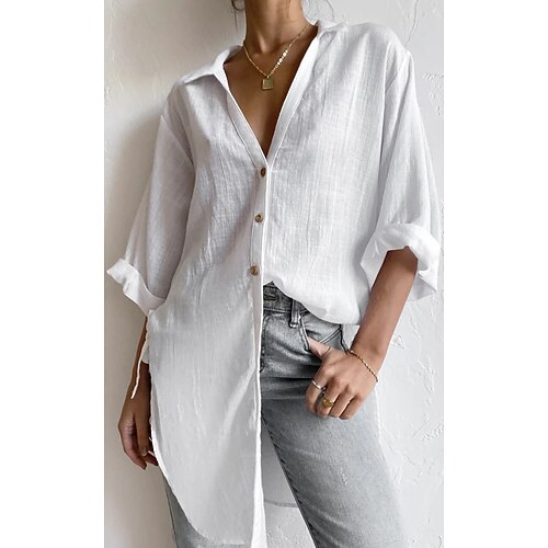

Chemise Chemisier Femme Noir Blanche Rouge Plein Bouton manche longue du quotidien Fin de semaine Vêtement de rue Décontractées Col de Chemise Longue Standard S