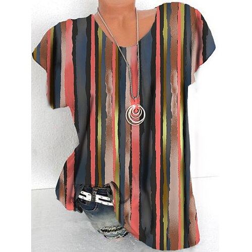 

Women's Plus Size Tops T shirt Tee Striped Print Short Sleeve Crewneck Streetwear Daily Sports Cotton Spandex Jersey Spring Summer Rainbow