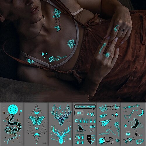 

6 PCS Blue Luminous Tattoo Sticker Women Arm Face Glowing Tattoo Body Art Tattoo Snake Butterfly Electric Syllable Party Tattoo New