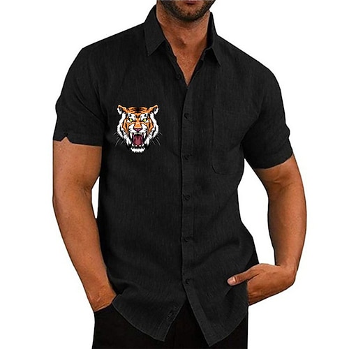 

Men's Shirt Solid Color Tiger Turndown Street Casual Button-Down Print Half Sleeve Tops Designer Casual Fashion Breathable Sea Blue White Black / Summer