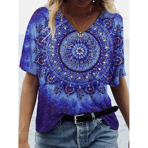 

Women's T shirt Tee Green Blue Purple Graphic Floral Print Short Sleeve Casual Weekend Basic V Neck Regular Floral Painting S / 3D Print