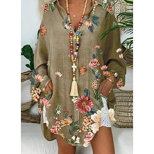 

Women's Plus Size Tops Blouse Shirt Floral Print Long Sleeve Shirt Collar Boho Casual Daily Vacation Polyester Winter Fall Green