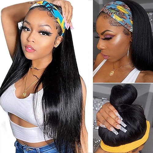 

Human Hair Wig Straight With Headband Natural Black Adjustable Easy to Carry Natural Hairline Machine Made Brazilian Hair Women's Natural Black #1B 14 inch 16 inch 18 inch Party / Evening Daily Wear