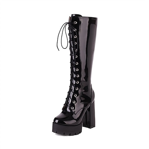 

Women's Boots Lace Up Boots Mid Calf Boots Lace-up Chunky Heel Round Toe Minimalism Daily PU Leather Lace-up Fall Winter Solid Colored White Black Light Red / Mid-Calf Boots