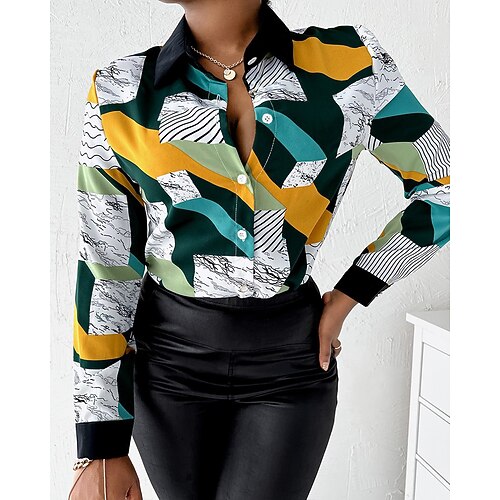 

Women's Blouse Floral Graphic Patterned Daily Weekend Floral Blouse Shirt Long Sleeve Button Print Shirt Collar Casual Streetwear Green Pink Orange S / 3D Print